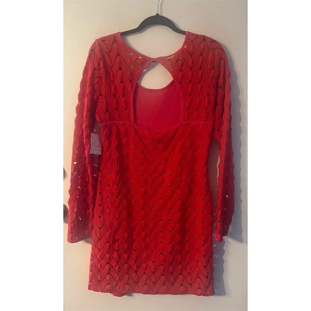 Free People Wild Thing Red Crochet Eyelet Long Sleeve Dress Size L NWT - Picture 4 of 9